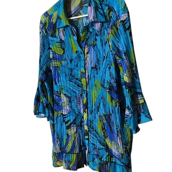 Maggie Barnes Button Up Top Women’s 1X 18/20 Accordion Pleat Bell Sleeve BoHo - Picture 3 of 16